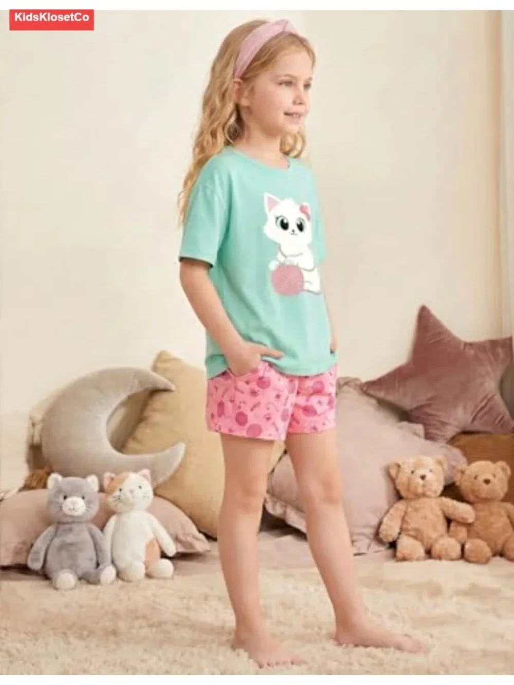 Girls 3 Piece Pajama Set Short Sleeve Sleepwear Polyester Spandex Summer Pjs